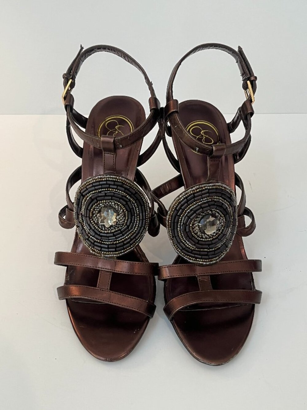 Jessica Simpson Bronze Jeweled Strappy Dress Sandals Open Toe Heels Women’s 8.5B